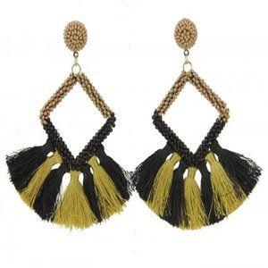Black and Gold Tassel Seed Bead Earrings~Saints Seed Bead Diamond Earrings
